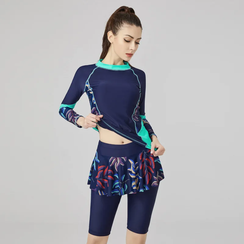 Sport Hijab Modest Swimwear Bikinis Set with Long-Sleeve Separates and Skirted Bottom for Surfing and Hot Springs Set Musulmani