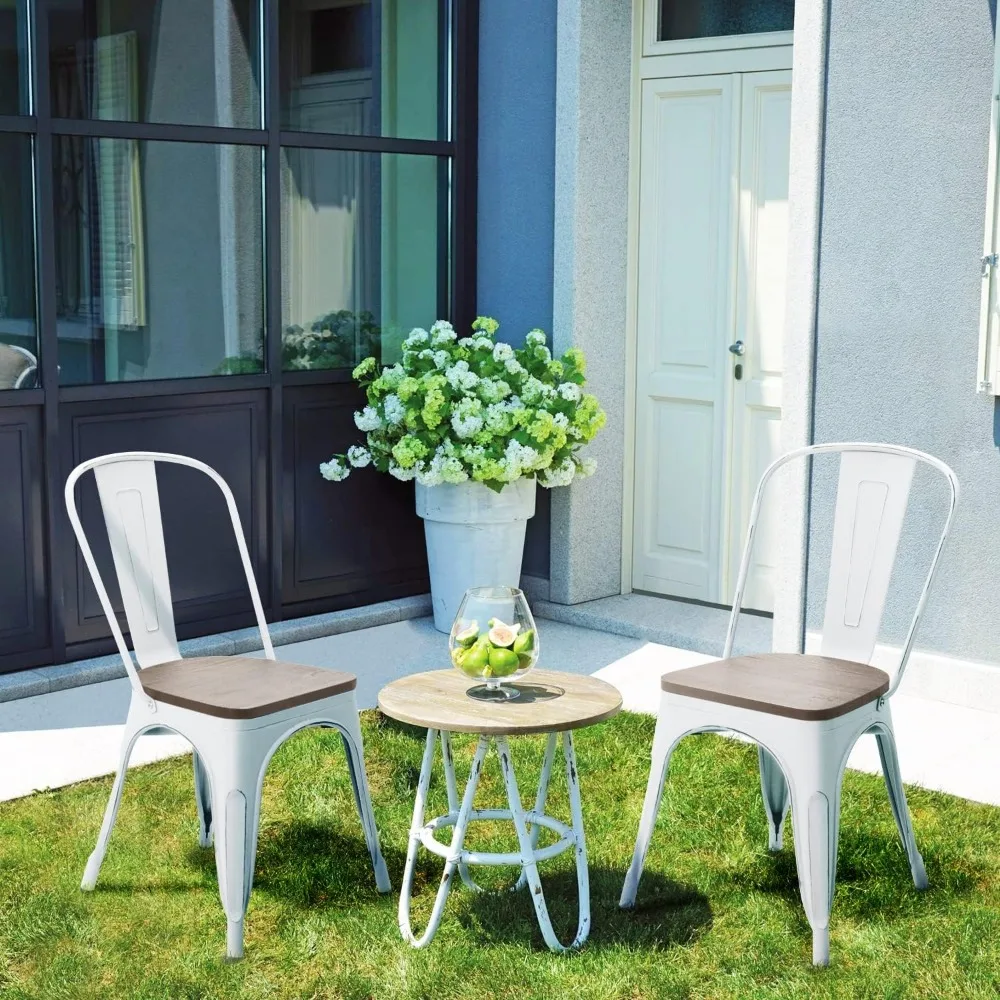 Metal Dining Chairs with Wood Seat, Indoor Outdoor Use Stackable Tolix Industrial Metal Chairs Set of 4 for Kitchen