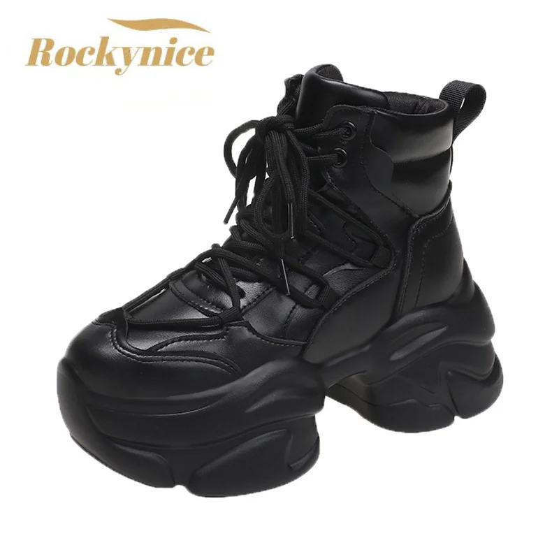 

New Winter Women Warm Ankle Boots 8CM Heels High Top Plush Shoes Motorcycle Boots Platform Leather Sneakers Woman Botas Feminina