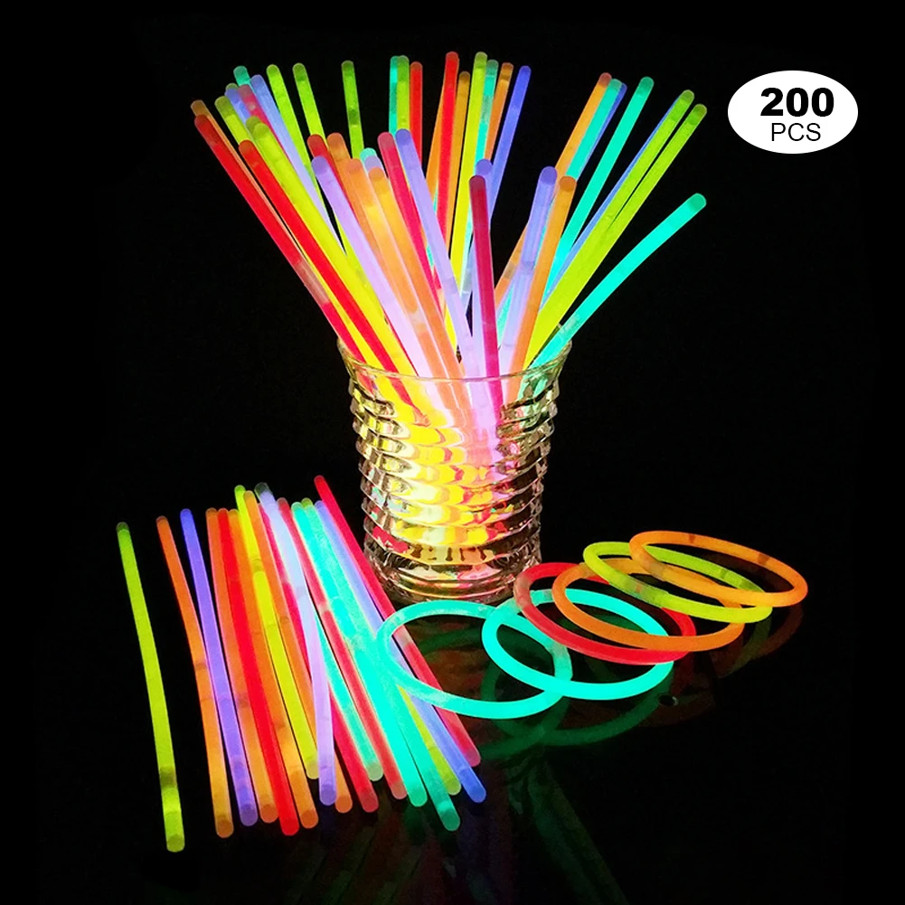 200pcs Glow in The Dark Stickers 11inch Light Up Glasses Unbreakable Neon Light Sticks for Party Festival Favors for Kids Adults
