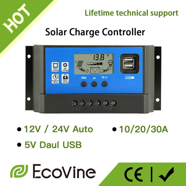 Contrôleur de Charge de panneau solaire 12V 24V MPPT PWM 10A 20A 30A, régulateur de chargeur de batterie automobile, sortie USB 5V Max PV 50V DC 1