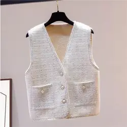 Autumn Winter New Women's Mink Velvet Knitted Vest Fashion Elegant V-Neck Button Pockets Versatile Loose Commute Coats Tops
