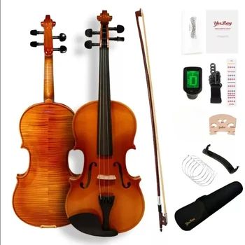 Solid Wood Violin 4/4 Full-size Set,Suitable for Adult Beginners,Solid Wood Patterned Violin,With Spare Strings and Bridge,Tuner