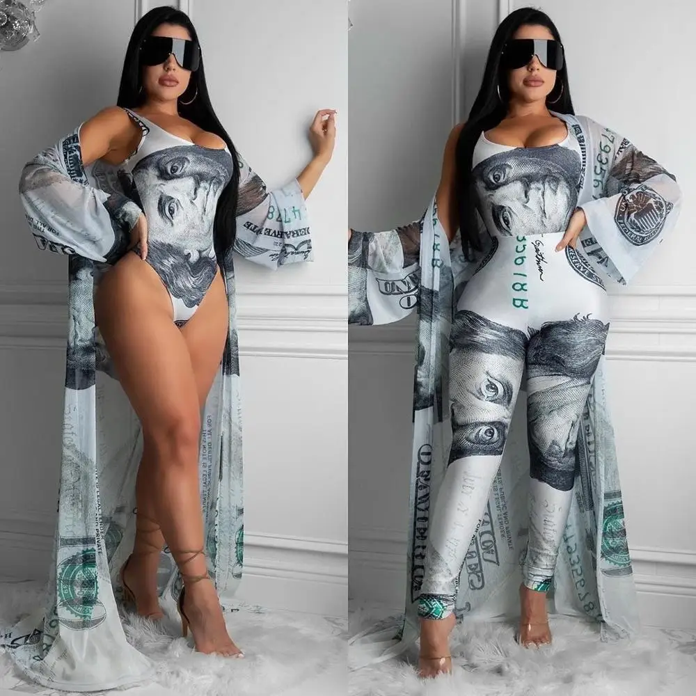 

European style special dollar print lady clothing high waist tight full length jumpsuits + long loose cloak 2 piece set outfit
