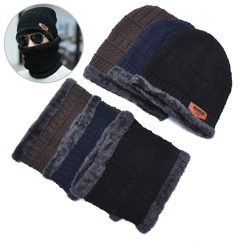 Winter Beanie Hat Men Knitted Hat Winter Cap Beanie Children Thick Wool Neck Scarf Cap Balaclava Mask Bonnet Hats Set