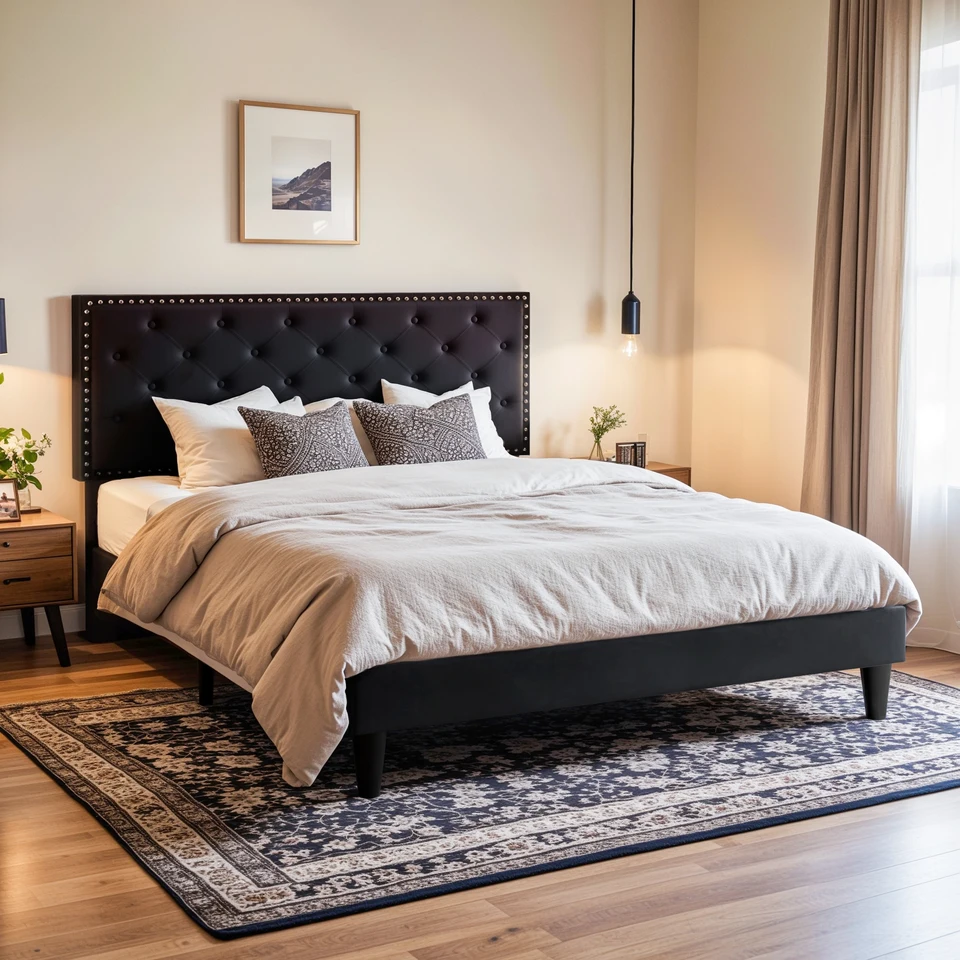 Upholstered Velvet Bed Frame with Adjustable Headboard