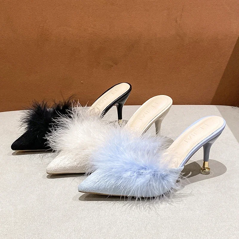 Woman Pumps Heel Slippers Pointed Toe Slip on Fur High Heels Summer Slides