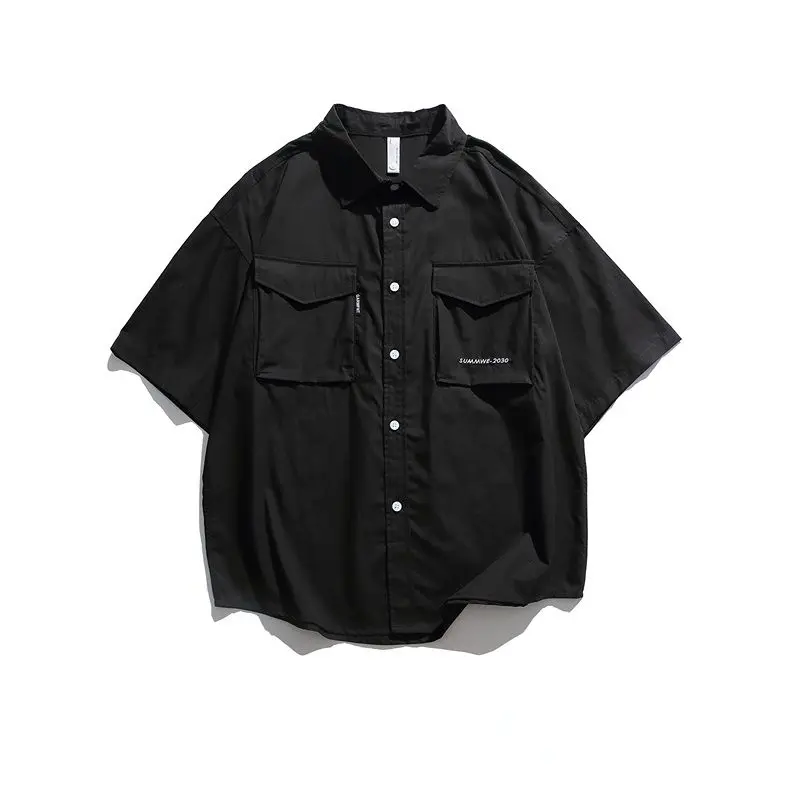 

Vintage Large Pocket Work Clothes Short Sleeved Shirt Men Fashion Street Loose Casual Tops for Summer