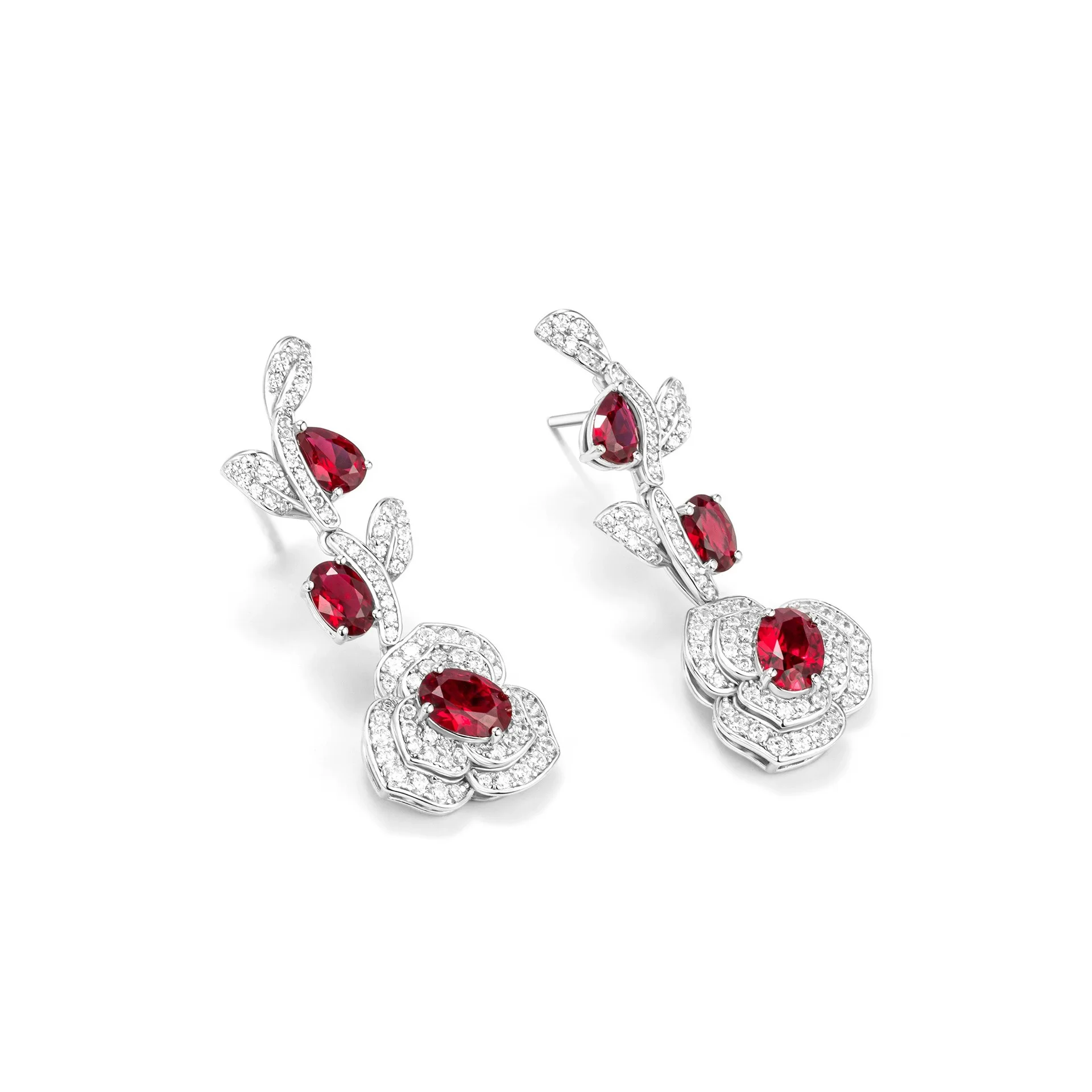 Charm Flower Lab Ruby Diamond Dangle Earring 925 Sterling Silver Jewelry Engagement Wedding Drop Earrings for Women Gift