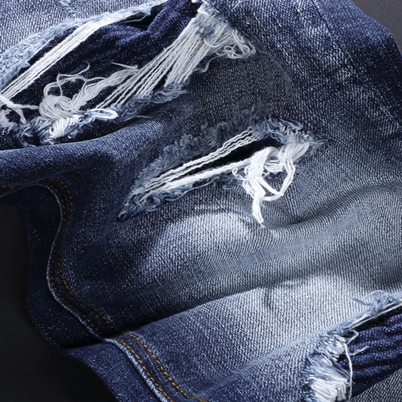 Street Fashion Men Jeans Retro Blue Zipper Designer Slim Ripped Jeans Men Wrinkle Patched Designer Hip Hop Brand Pants Hombre