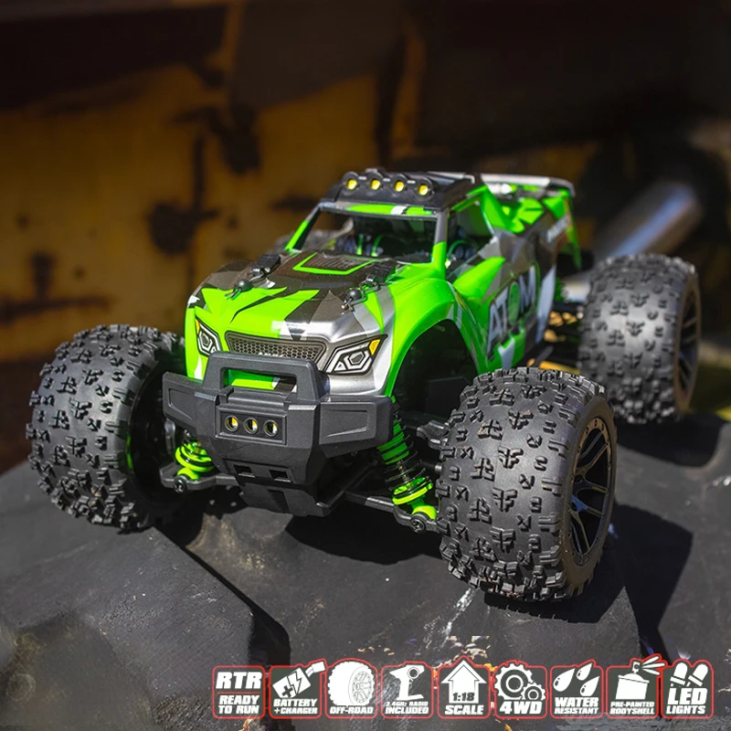 HPI 매버릭 ATOM 1/18 스케일 RC 몬스터 트럭 전동 4륜 구동 브러시드 오프로드 LED 라이트 방수 기능 탑재 즉시 운행 가능 모델 자동차