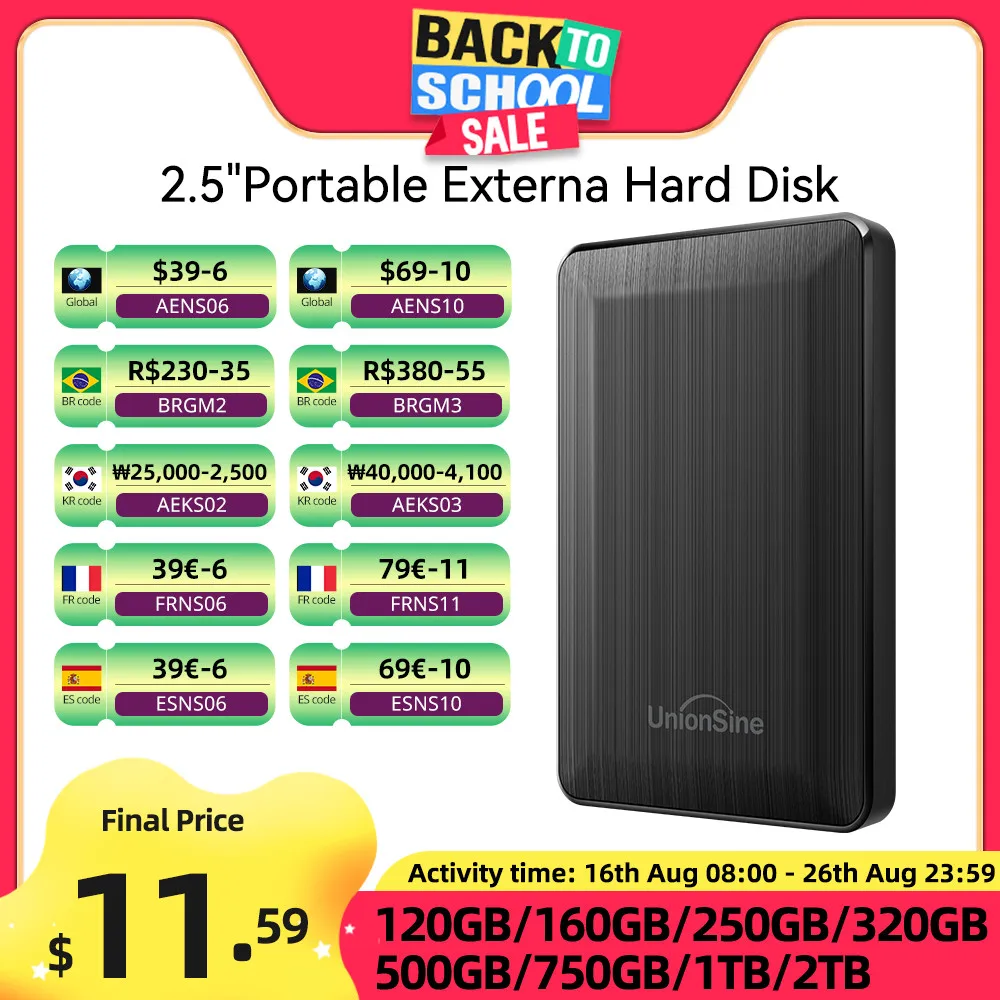 Unidad de disco duro externa portátil UnionSine de 2,5 pulgadas, 1 TB/500 GB/750 GB/250 GB, USB 3.0, disco duro de alta velocidad para Mac, computadora de escritorio, computadora portátil, PS4/PS5, Xbox 1
