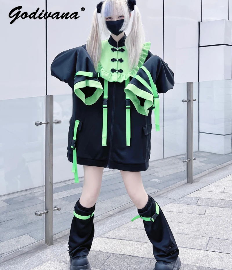 

Mine Chinese Style Spring Fall Fluorescent Green Zipper Hoodie Jacket Women's Y2K Water Color Loose Coat with Leg Warmers