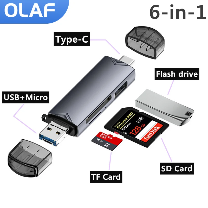 

Olaf 6 in 1 OTG USB3.0 to Type C Adapter For Mobile PC Micro USB Adapter Flash Drive Smart Memory Card Reader TF/SD Card Reader