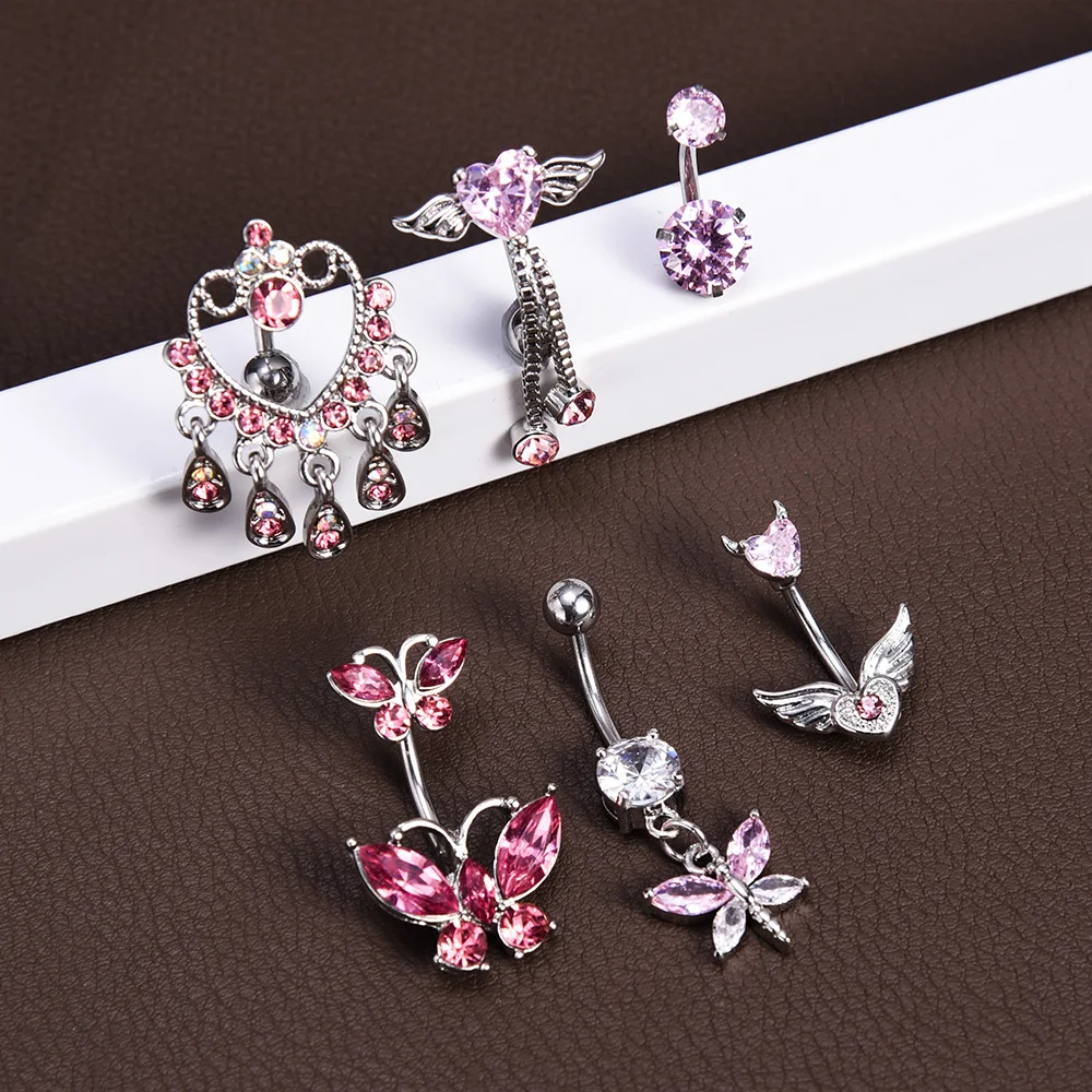 Steel Belly Button Rings Pink Crystal Piercing Navel Heart Style Navel Piercing Earring Belly Sexy Body Jewelry Ombligo