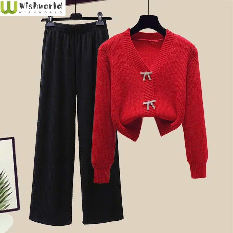 Fashion Casual Suit Women 2022 Korean Version Age Reducing Knitwear Sweater Thin Chenille Wide Leg Pants Two-piece Set jeans women 2022 new summer thin section was thin korean version of high waist wild loose high waist nine point wide leg pants