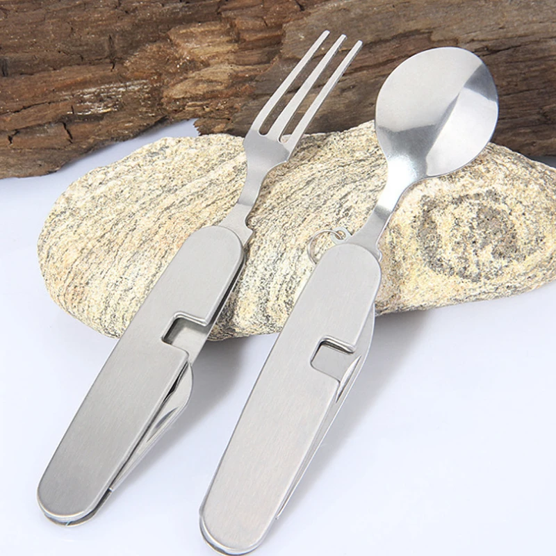 6-in-1 Portable Camping Cutlery Set Stainless Steel Folding Fork Spoon Knife Opener Tableware Hiking Travel Kitchen Utensils