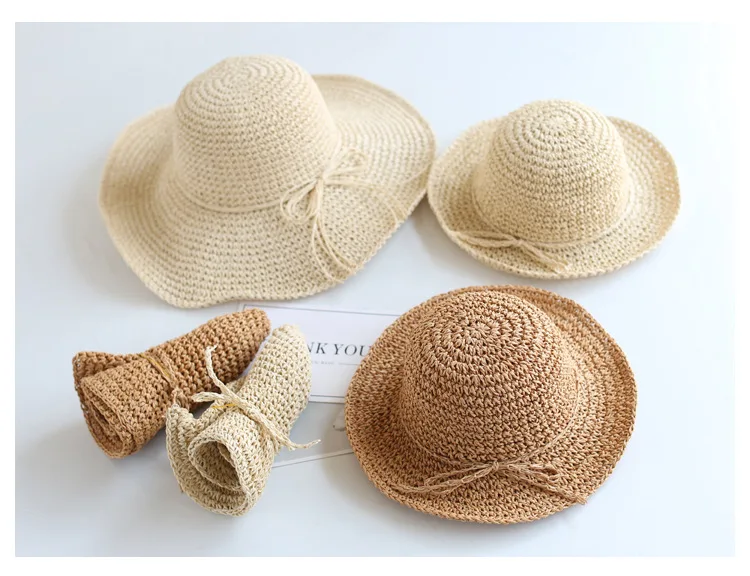 Foldable Linen Straw Hat Summer Women’s Parent-child Teens Girls Casual Solid Big Brim Holiday Vacation Getaway Sun Hats Boy Teenagers Beach Fisherman's Cap Headwear for Adults Woman in Creamy-white Khaki