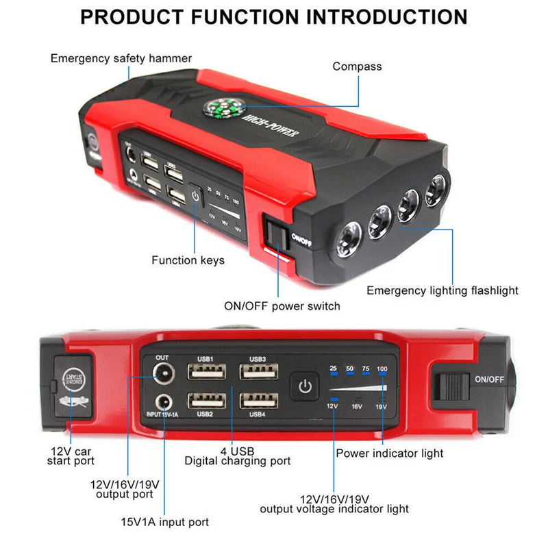 99800mAh Car Jump Starter Power Bank 200-600A Portable Charger Car Booster 12V Auto Starting Device Emergency Battery Start