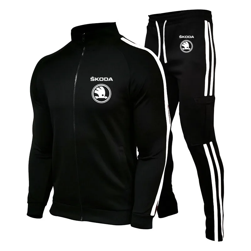

2021New jacket set Skoda car logo print Stripes Jogging Mens jacket pants Jogging 2-piece set Autumn Winter sports men's suits