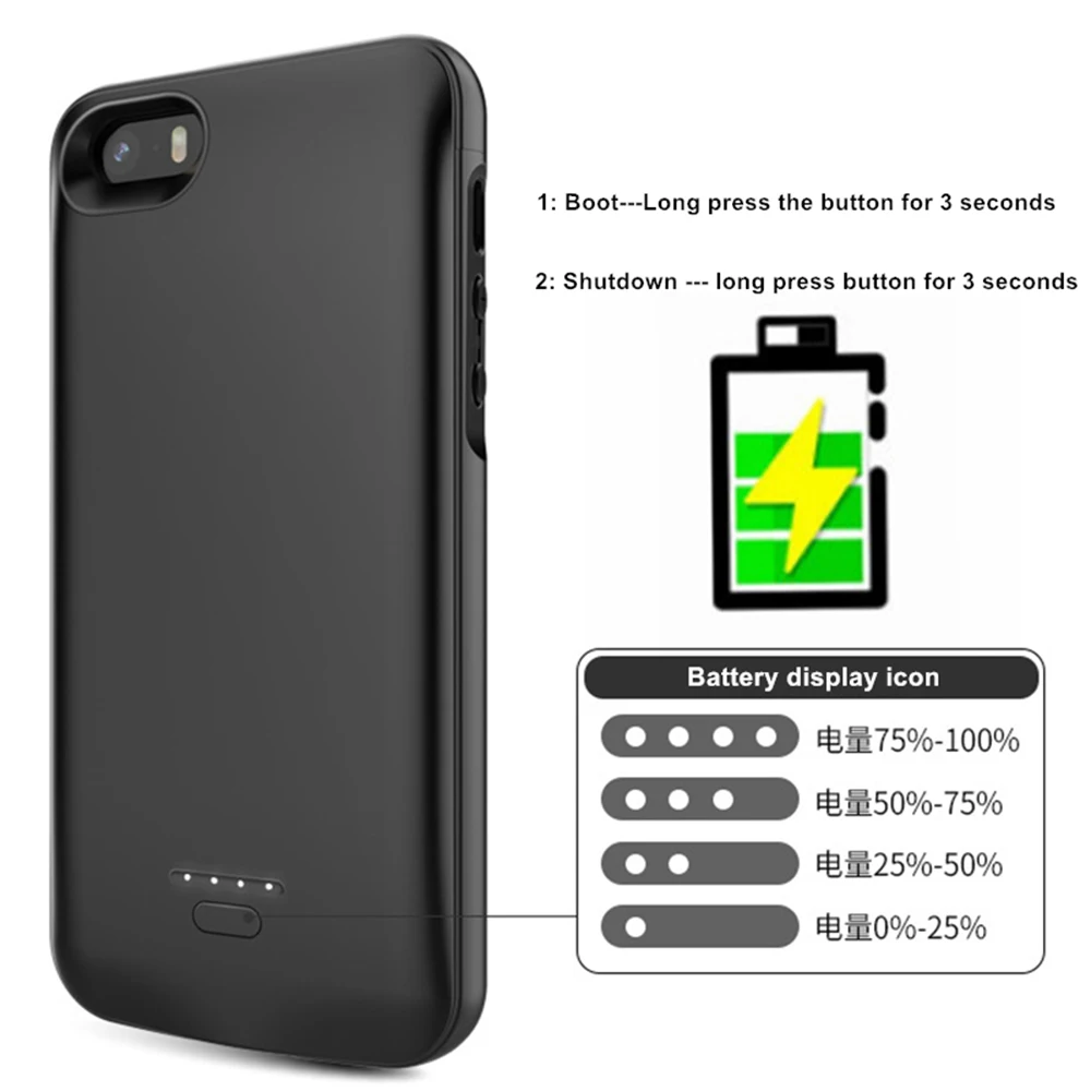 Funda de batería para iPhone SE 2016 5S 5, funda delgada de 4000 mAh de  carga externa para iPhone 5 5S SE batería recargable portátil (no  compatible