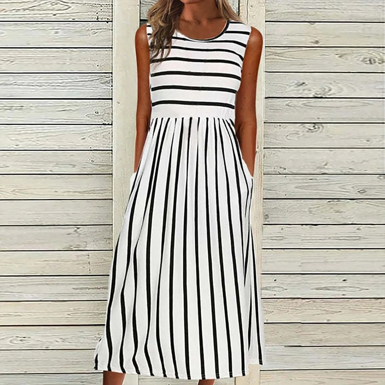 

Women’s Fashion Striped Print Long Dress Summer O-Neck Sleeveless Pockets Maxi Dress Female Daily Commuter Casual Tank Dresses