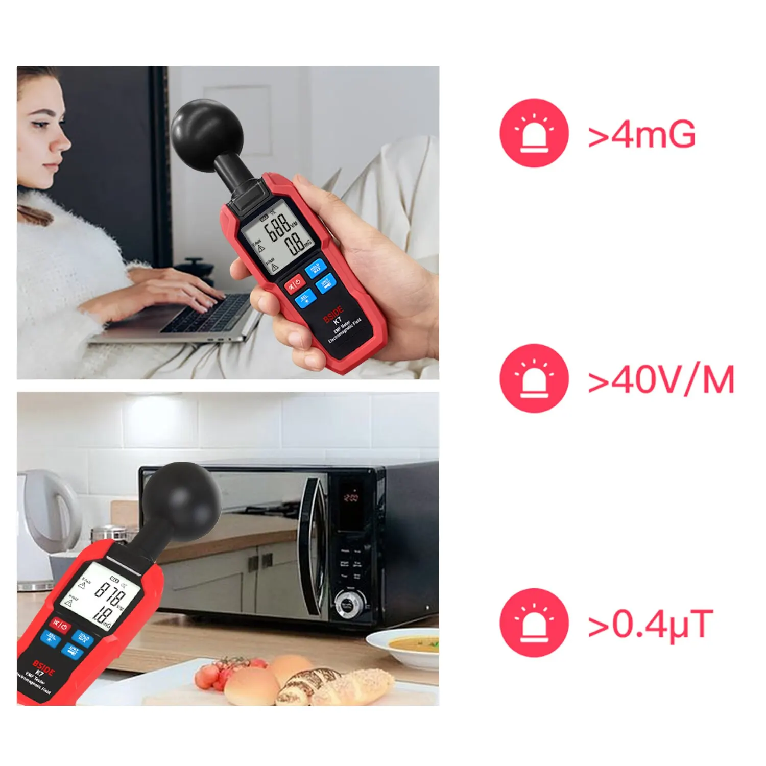 1 PC BSIDE K7 Electromagnetic Radiation Detector Handheld Electromagnetic Wave Tester Dual Alarm Dual Mode on The Same Side