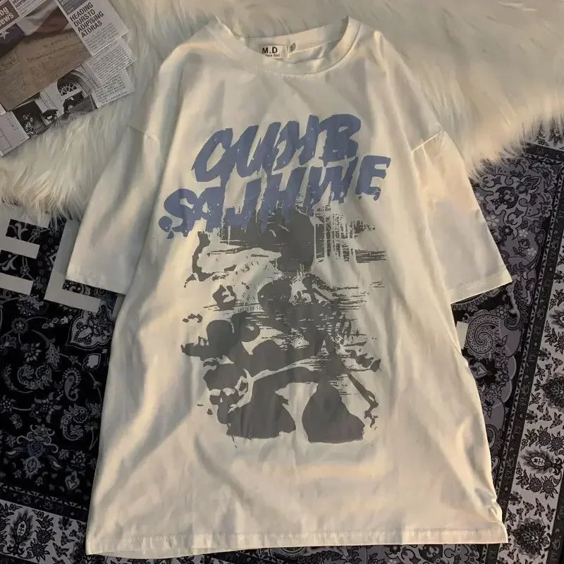 thumbnail image 1 of Camiseta de manga corta de gran tamaño con estampado de letras para mujer, ropa de calle de manga corta de Hip Hop para hombre, camiseta Vintage, ropa holgada, 1 of 5