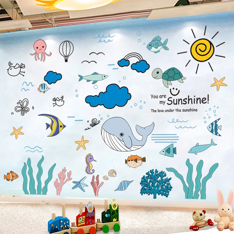

[shijuekongjian] Ocean Fish Animals Wall Sticker DIY Clouds Sun Wall Decals for Kids Room Baby Bedroom Bathroom Decoration