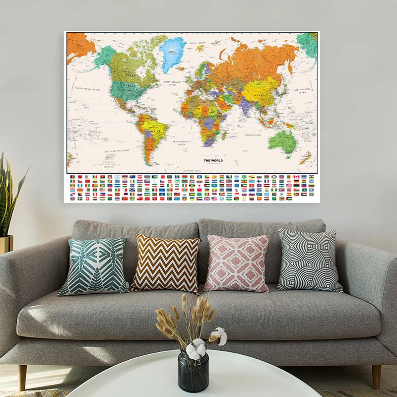 World Map Poster Retro World Map in English Classic Edition 100*70cm Unframed Canvas Painting Wall Art Print Office School Supplies