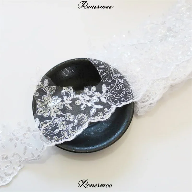 Lace Fabric lace ribbon 1Yard Navy Ivory Black Red Gold Embroidery Sequin Lace Trim For Bridal Wedding Gown