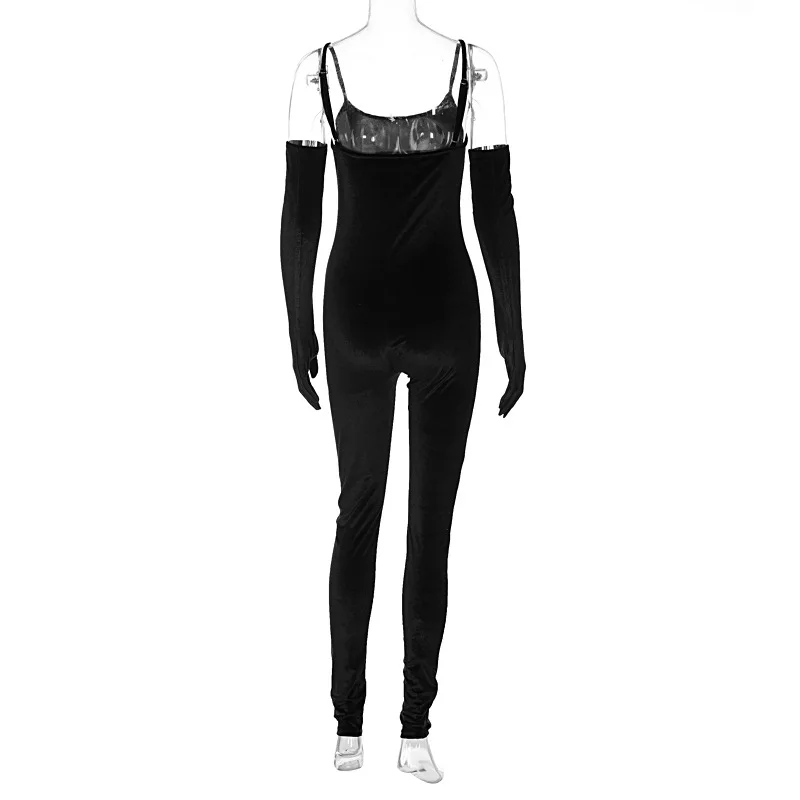 BKLD Women Clothing 2023 Spring New Solid Color Black Jumpsuits With Gloves Spaghetti Strap Jumpsuit Sexy Night Club Outfit