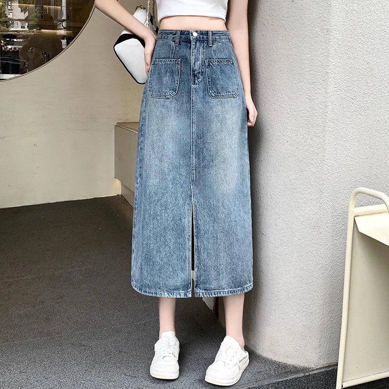

2023 Summer New Large Women's Versatile Slim Retro Split Denim Half Skirt Trendy Women's Half Skirt Half Denim Skirt