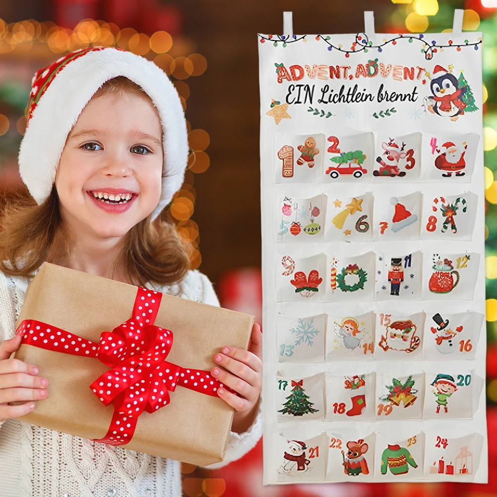 Fabric Christmas Advent Calendar Christmas Countdown Calendar Reusable Wall Hanging Ornaments with 24 Pockets Party Supplies