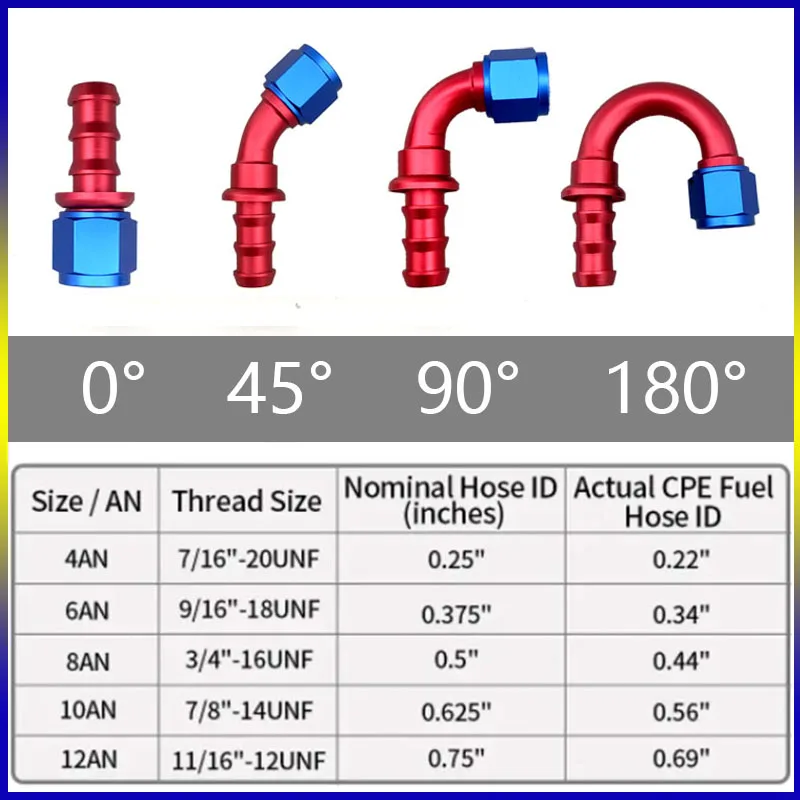 

Red Blue AN4 AN6 AN8 AN10 AN12 Car Push-on Hose End Fitting Fuel Oil Cooler Hose Fitting 0 45 90 180 Degree Connection Adapter