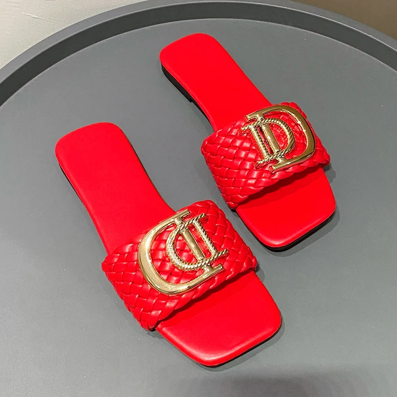 Sandalias planas de diseño de tejido de decoración de lujo para mujer, zapatos de punta abierta para vacaciones,  slippers 3