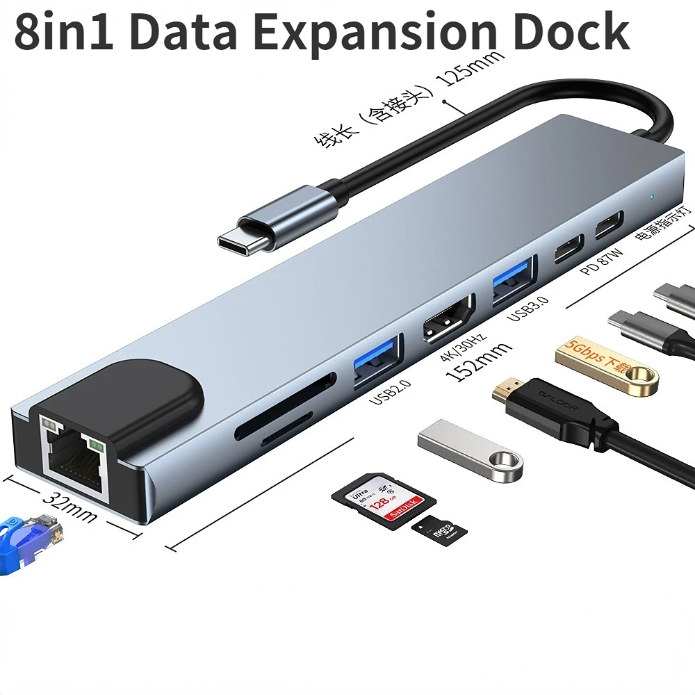 

USBC HUB Splitter To HDMI-compatible 4K Thunderbolt 3 Docking Station Laptop Adapter With PD SD TF RJ45 For Macbook Air ThinkPad