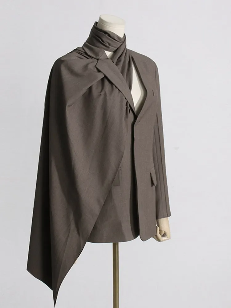 KBQ Irregular Spliced Buttons Solid Blazers For Women Notched Collar Long Sleeve Patchwork Lace Up Blazer Female Fashion Clothes