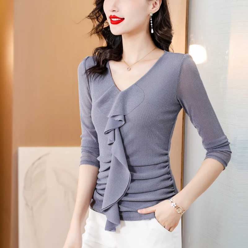 

M-4XL Solid Mesh Ruffles Long Sleeve T Shirt Women V Neck Slim Tees T-shirts Lady Ruffled Tops