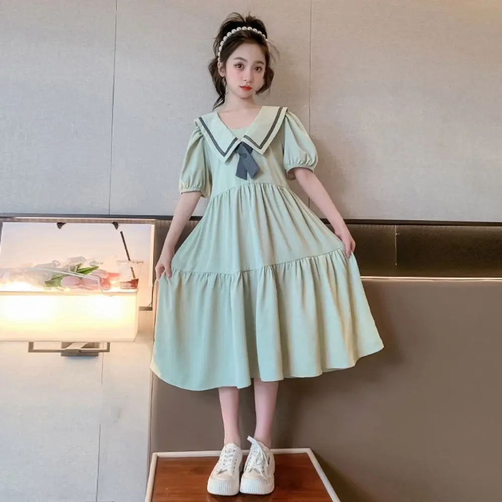 Ins Bowknot Girl Princess Dress Loose Puff Short Sleeve Teenagers Dresses Preppy Style Sweet Children Bubble Dress Kids