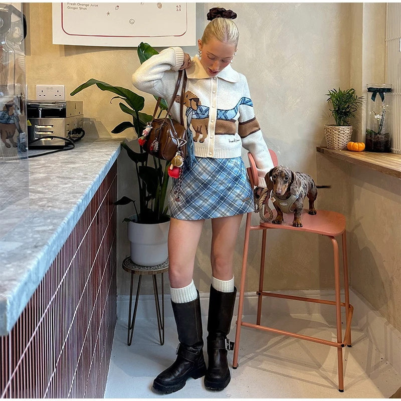 Casual Knitted Printed Dog Cardigan Women Vintage Cute Lapel Single Breasted Short Sweaters Female Autumn Chic Street Knitwear