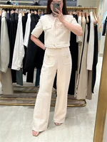 2025 Early Spring Women's French Tweed Set Gold Button O-Neck Short Sleeve Short Jacket Top or High Waist Loose Straight Pants 1