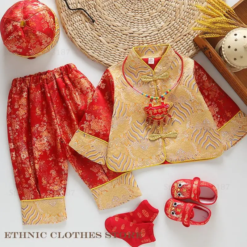 Chinese Traditional Baby Kids Tang Suit Hundred Days One-Year-Old Brocade Hanfu Outfit Photography Clothes Oriental Costume