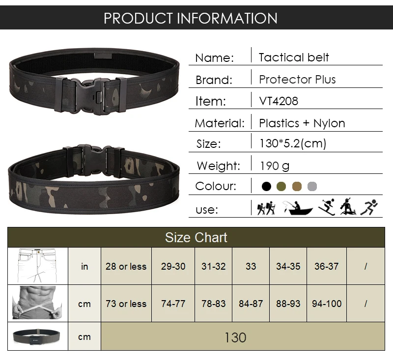 VATLTY 5.2cm Tactical Outer Belt for Men High Strength Plastic Pluggable Buckle Stiff Military Belt 130cm Rigid Girdle Male