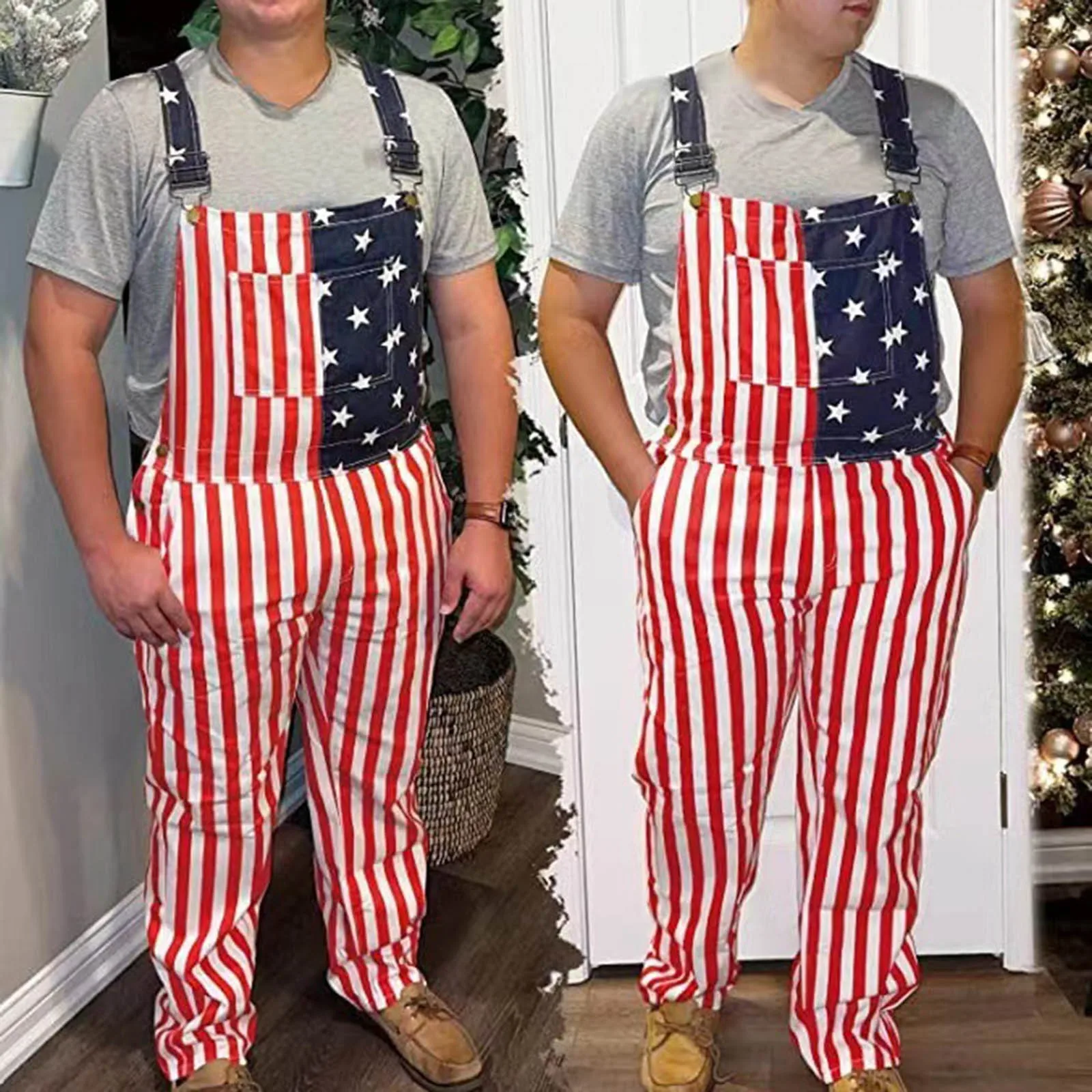 2024 New Mens Summer Couple Independence Day American Flag Sports Camisole Pants Summer Men Long Pants Romper