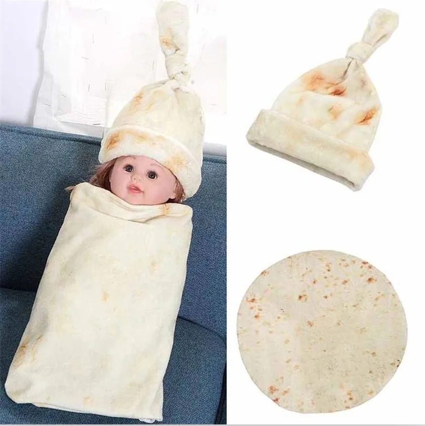 

Cute Baby Blanket Sets Quilt+Hat 85*85cm 230g Facecloth Novelty Creative Style For 0-36M Warm Cozy Pizza Steak Watermelon Burrit