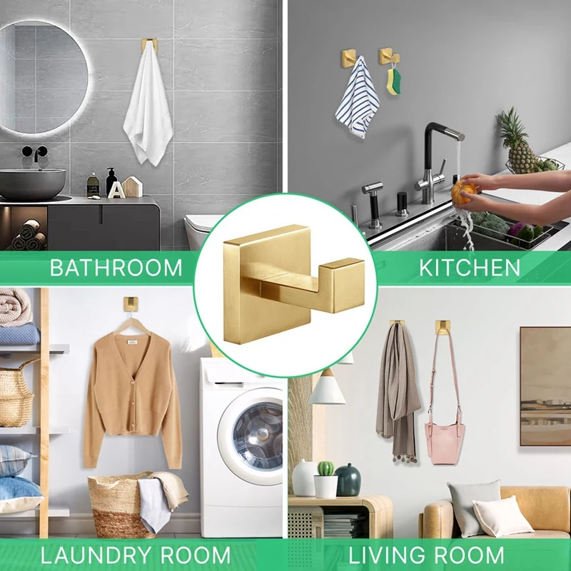 2 Piece Towel Hooks Robe Hook Coat Hook Gold Stainless Steel Heavy Duty Bathrooms Square Hooks Wall Mounted For Bathroom
