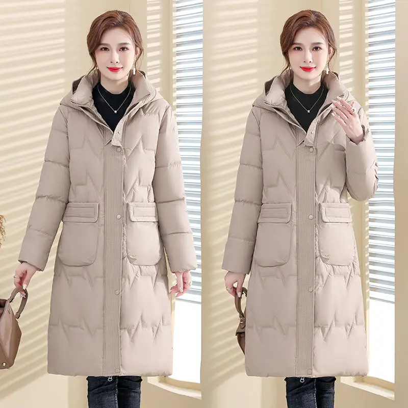 

2024 New Parker Coat Women Cotton Jacket Long Loose Fit Add Thick Coats Hooded Winter Padded Female Outerwear T202