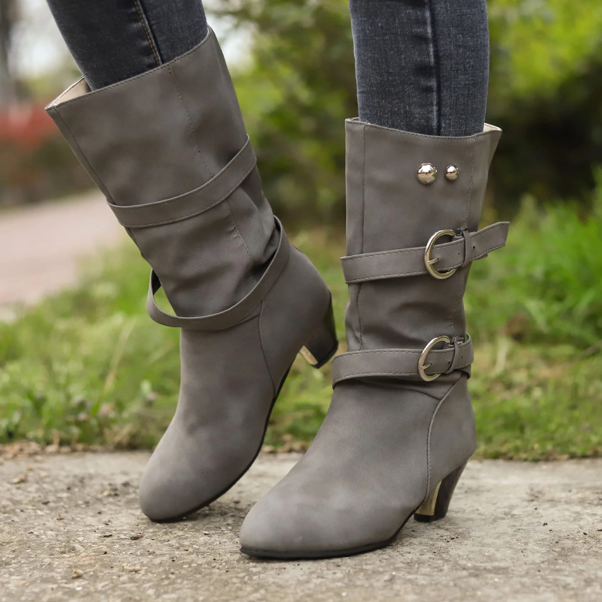 New Sexy Black boots women Shoes knee high Women Casual Vintage Retro Mid-Calf Boots Lace-Up Thick Heels Shoes Large size