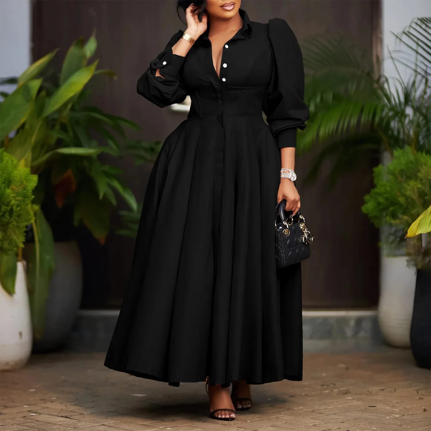 فستان ماكسي أنيق بأكمام طويلة مطبوع أفريقي للنساء،...